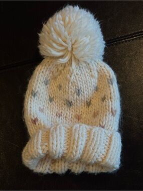 Cream Knit Pom Beanie for Kids with Subtle Multicolor Dots